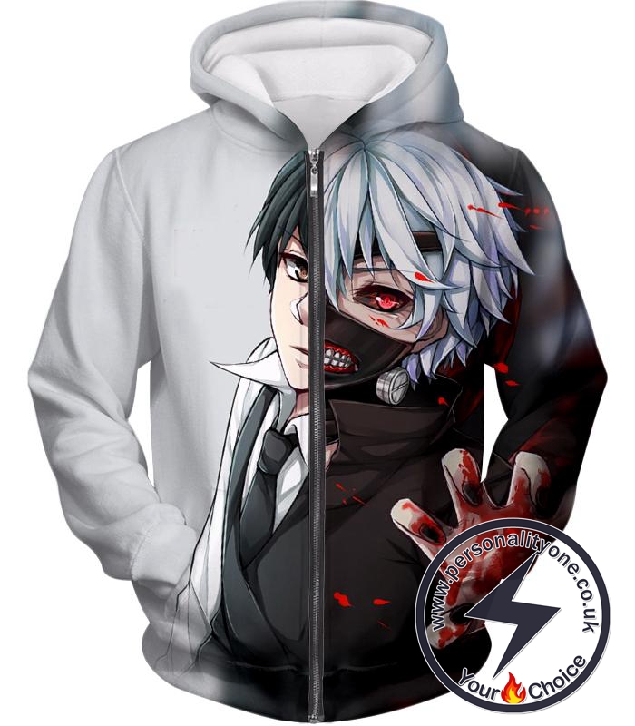 Tokyo Ghoul Human or Ghoul Ken Kaneki Black and White Zip Up Hoodie